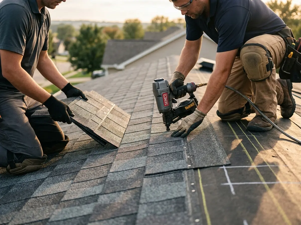 Professional roofer working on a residential roof in Healdsburg